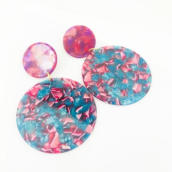 Circle Drop Earrings in Pink and Blue w/ Pink Stud - Picture 7 of 8